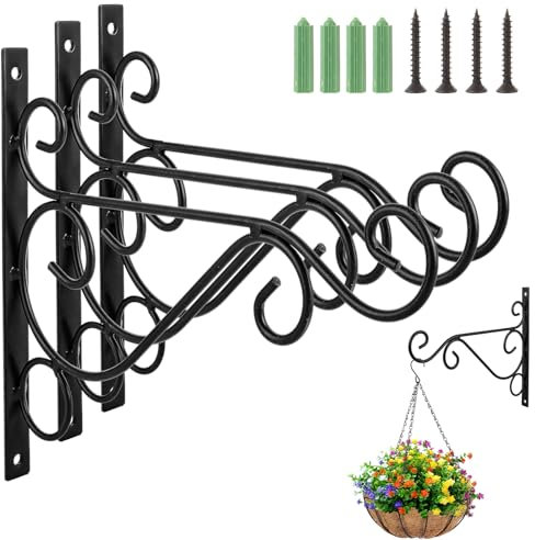 ASelected 4 PCS Hanging Basket Brackets Wall Hanging Hooks,Iron Plant Hanger Wall Hooks,Black Heavy Duty Outdoor Plant Hangers,Metal Plant Hooks for Lantern Planter Flower Hanger Fence Bird Feeder