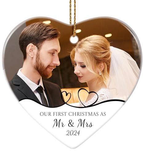 Personalised Ceramic Mr & Mrs Ornament, First Christmas Tree Hanging Decoration with Photo
