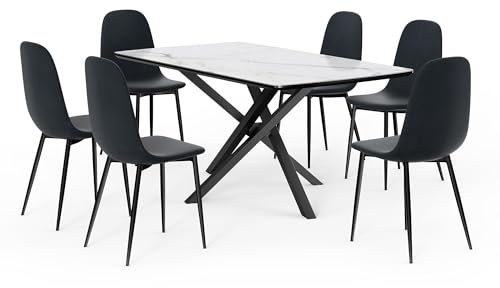 VonHaus Dining Table & Chairs Set - 6 Seater Dinner Table with Blue Cord Kitchen Chairs - Rectangular White Ceramic with 6 Seats - Marble Effect Dining Room Set