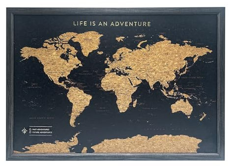 Splosh Gerahmte Reisekarte - Mittelgroße schwarze Holz-Pinnwand mit 100 Pins Weltkarte aus Kork Holz-Weltkarte Pinnwand für Reisen & Abenteuer Markiere deine bisherigen und zukünftigen Reisen