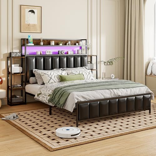 Gegtuon Polsterbett Bettrahmen 140x200 mit LED-Beleuchtung, Doppelbett mit Stauraum Kopfteil Regal, Jugendbett Bett mit Lattenrost aus Holz für Schlafzimmer, Kunstleder, Schwarz, ohne Matratze