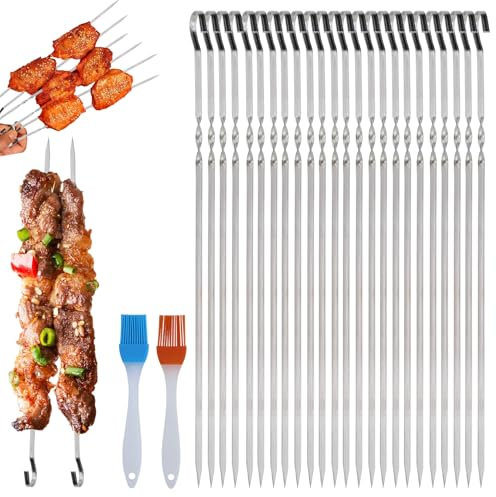 Lot de 25 brochettes à brochettes réutilisables en acier inoxydable pour barbecue en plein air, fêtes de famille (28 cm)