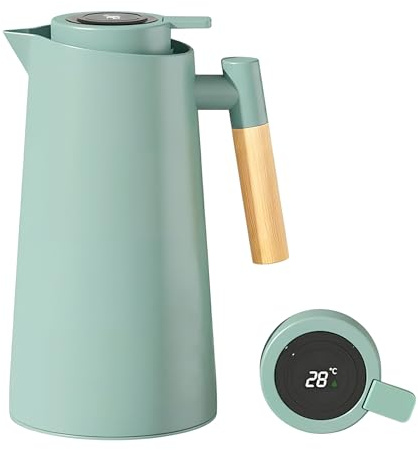 Colexy Thermoskanne 1L, Isolierkanne mit Temperaturanzeige, gut abgedichtet Kaffeekanne Teekanne Thermo mit Holzgriff, Tee Thermoskanne für Wasser, Kaffee, Tee, Milch, Getränk (Türkis)