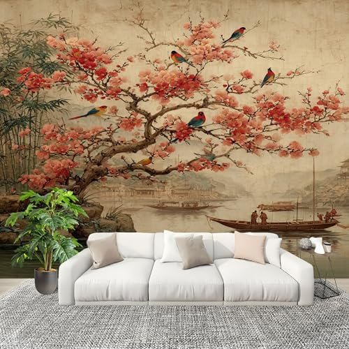 Wanddekoration Fototapete 250x175 cm Chinesischer StilLandschaft Wasserfest Abnehmbar Nahtlos nicht überlappend Wandtapete Braun Wohnzimmer Schlafzimmer Sofa Hintergrundwand Wandtattoo