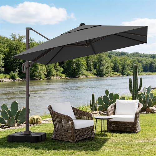 UMBFUN Sonnenschirm 300 x 300 cm mit Fußpedal und Kreuzsockel,Groß Ampelschirm,Kurbel Quadratisch Gartenschirm mit 360° Drehbar für Terrasse,Pool,Outdoor,Balkon Sonnenschutz,Grau