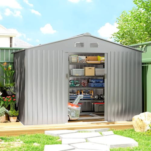 Outsunny Caseta de Jardín Exterior 4,9 m² 277x195x192 cm Gris | Cobertizo de Jardín Exterior Metálico, Claraboya de Fibra de Vidrio, Puerta Corredera, Ventilación, Kit de Fundación