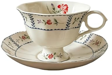 fanquare Retro Juego de Taza de Té y Platillo de Porcelana con Flores Rojas 200ml,Taza de Café con Borde Ondulado de 220ml para Desayuno Tarde Regalo Hogar