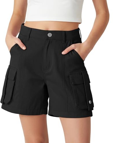 Rolanko Girls Cargo Shorts, Lightweight Cotton with A Semi Elastic Waistband Summer Uniform Shorts for Tweens, Black, 9-10 Years, 140
