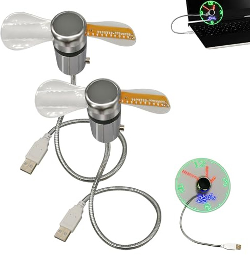 Miepkvl USB Uhr Ventilator mit Zeit & Temperaturanzeige, DC 5V LED Uhr Fan Leise Tragbarer Mini LED Lüfter mit Flexibles Schwanenhals für Laptop, PC & Notebook (2 STK)