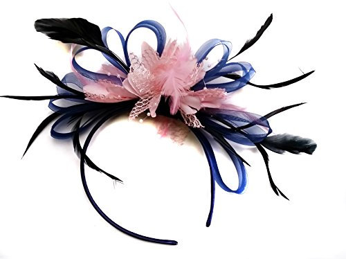 Caprilite Navy Blue and Baby Pink Feather Hair Fascinator Headband Wedding and Royal Ascot Races Ladies