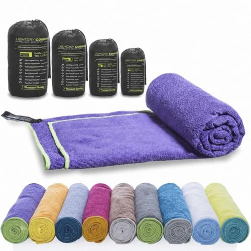 LightDry® Mikrofaser Handtuch 160x80cm extrem saugstarkes Reisehandtuch | Keine nassen Taschen mehr, frotteeähnlich weiches Sporthandtuch, großes Badetuch in Violett, inkl. Beutel, extrem leicht