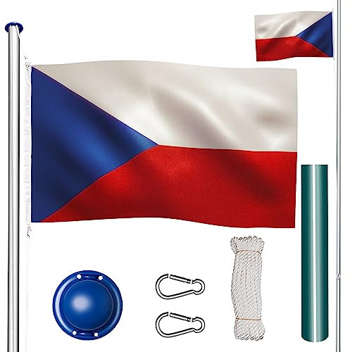tectake Fahnenmast aus Aluminium, Teleskop Fahnenstange Set mit Flagge, Bodenhülsen, Seilzug, höhenverstellbar bis zu 6,50 m - ideal für Balkon, Garten, Festival und Camping - Tschechien