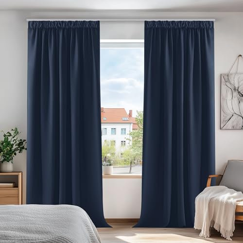 Deconovo Cortinas Opacas para Dormitorio Salon para Ganchos o Pase por la Barra, Cortinas Térmicas Aislantes Frio y Calor 2 Piezas, 168x183 cm, Azul Marino