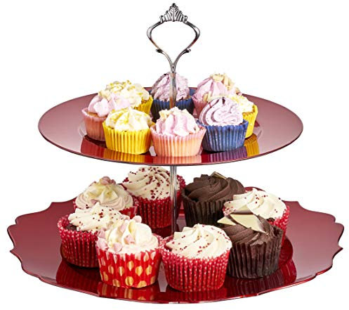 New Large Cake Stand 2 Tier Round Display with New Fittings - Plates Size: 35cm & 25cm (Gold) (Red)