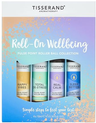 Tisserand Aromatherapy - Wellbeing Roller Ball Collection - Pulse Point Roller Ball - Happy Vibes, Total De-Stress, Sleep Better and Real Calm - 100% Natural Pure Essential Oils - 4x10ml
