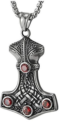 COOLSTEELANDBEYOND Herren Damen Edelstahl Vintage Tribal Hammer Thors Irische Keltische Knoten Halskette Anhänger mit Rot Zirkonia