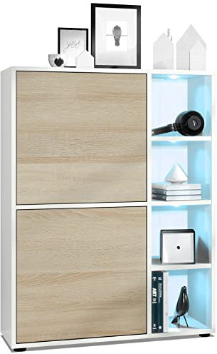 Vladon Highboard Schrank Anrichte Cuba mit 8 Fächern, Made in Germany, Korpus in Weiß matt/Fronten in Eiche sägerau, mit RGB LED Beleuchtung