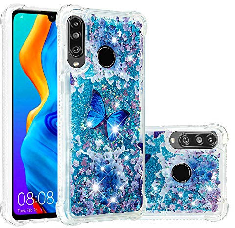 COTDINFORCA Cover per Huawei P30 Lite - Custodia Brillantini, Liquid Cases Glitter Sparkle Floating Silicone Shockproof Phone Cover - Blue Butterfly YB