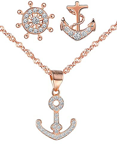 Yumilok Schmuckset Damen Schmuck Set Anker Ruder Halskette mit Ohrringen Zirkonia Kette Ohrstecker in 925 Sterling Silber für Mädchen Roségold