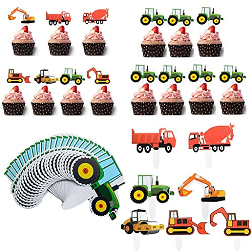 56 Stück Baufahrzeug Cupcake Topper, Bagger Kuchendeko Auto, Bau Thema Cupcake Topper LKW Bagger Kuchen Picks Dekorationen für Jungen Kinder Geburtstagstorte Party Favors Supplies