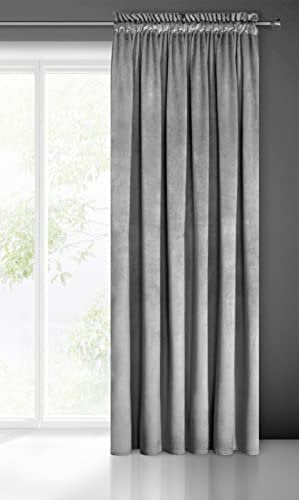 Eurofirany Pierre Samt Vorhang mit Kräuselband -1 STK. Velvet Einfarbig Gardine 200g/m², Samtvorhang für Wohnzimmer Schlafzimmer, 140x300 cm, Silbergrau