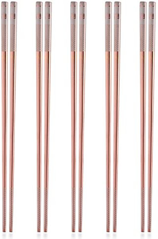 5 Pairs Reusable 18/10 Stainless Steel Metal Chopsticks Dishwasher Safe, Suotarn Square Lightweight Non-Slip 9.25 Inches Chop Sticks for Ramen, Sushi, Bento Box, Gift Set, Rose Gold