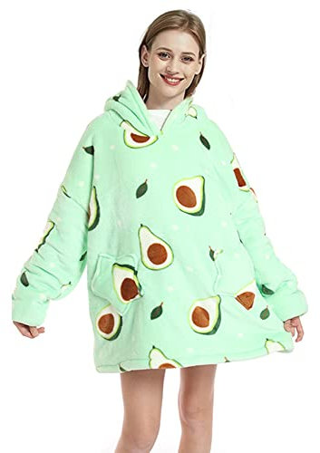 LAMOOER Hoodie Sweatshirt Decke für Frauen, Übergroße tragbare Avocado Kapuzendecke, Winterwarmer und Weicher Flanell Pyjama für Erwachsene und Kinder