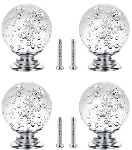 yufana Achengqi 4 pièces Poignée en Cristal à Bulles Poignée de Commode Poignée de Tiroir Bouton en Verre,Poignée en Boule de Verre en Alliage de zinc Poignée de Meuble à un Trou 30MM (Transparent)