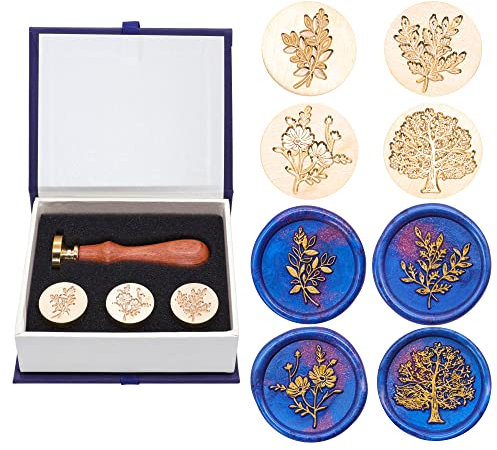 SWANGSA Wachssiegelstempel Set, Vintage 4 Stück Eukalyptusblatt Kamille Baum des Lebens Botanische Siegelstempelköpfe + 1 Holzgriff Siegelstempel Kit
