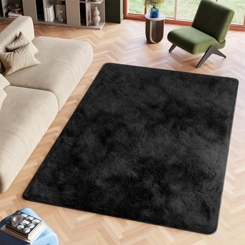 TAPISO Silk Teppich Shaggy rutschfest Schwarz Einfarbig Antirutsch Hochflor Langflor Modern Schlafzimmer Wohnzimmer Bedvorleger ÖKO-TEX 80 x 150 cm
