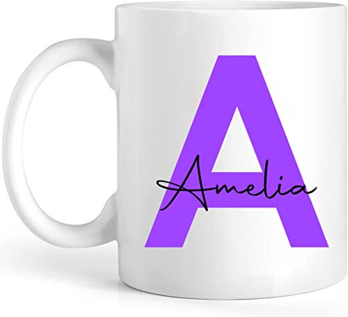 EKAM Personalised Tea Mug - Initial Name Mug 11oz Ceramic White - Gift for Her Him Friend Mom Dad Kids Birthday Valentine’s Day Christmas Day Custom Present (Purple)