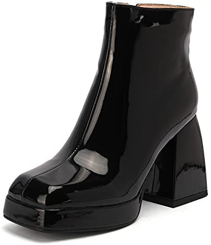 Lizoleor Damen Chelsea Reißverschluss Square Toe Mode Chunky Heel Plateau Stiefeletten Party Kleid Herbst Winter Hochzeit Stiefeletten Schwarz-Qp/R Gr 34 Eu