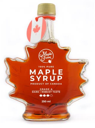 MapleFarm - Reiner kanadischer Ahornsirup der Güteklasse A, mit kräftigem Geschmack - Flasche im Blatt-Design 250 ml - Maple syrup - Ahornsaft