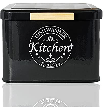 Dishwasher Pod Container with Hinged Lid. Farmhouse Metal Dishwaser Pods Holder for Kitchen Cabinet Organizer. Modern Kitchen Decor and Accessories. Dishwasher Detergent Tablet Storage (Black)