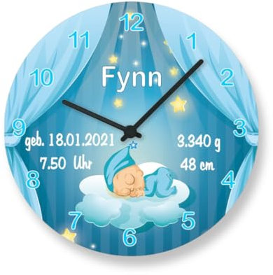 Kinder Wanduhr Geburtsdaten Geburt Babyuhr 25 cm Babygeschenk Junge Blau Geburtsuhr personalisierte Uhr