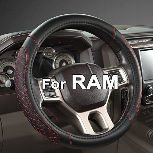 West Llama Customized Auto Car Steering Wheel Cover for Dodge RAM 1500 2500 3500, 15.5-16 inches (Black+Red-Large Size)