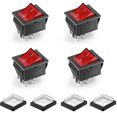 4 PCs Waterproof Rocker Switches ON-Off Boat Rocker Switch 4 Pin Red Light with Cover DPS AC 250V 16A 125V 20A for Electrical Machine Products, Red