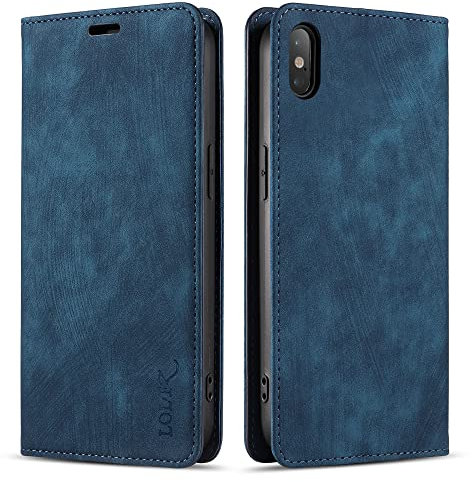 LOLFZ Wallet Case for iPhone XS Max, Premium Slim PU Leather Case Card Slots Stand Function Magnetic Protective Flip Case Cover Compatible with Apple iPhone XS Max - Blue