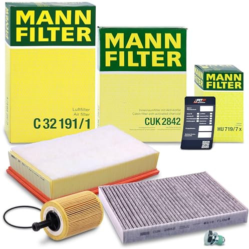 MANN-FILTER Inspektionspaket Filterset 1x Ölfilter, 1x Luftfilter, 1x Innenraumfilter (Aktivkohlefilter), 1x Ölablassschraube, 1x Ölwechselanhänger Kompatibel mit VW MULTIVAN T5, TRANSPORTER T5