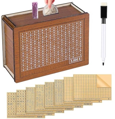 Spardose aus Holz,Wiederverwendbare Spardose,Retro Sparbüchse Aufbewahrungsbox,Spardose mit Sparziel,Sparbox mit Zahlen Ankreuzen für Hilft Erwachsene und Kindern Die Gewohnheit Zum Sparen Zu