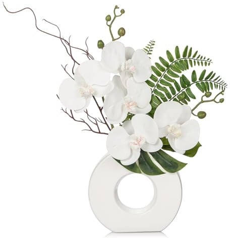 Planta artificial de orquídeas con jarrón de rosquilla de cerámica, flores artificiales, flores artificiales, flores artificiales con tacto real, maceta de cerámica, decoración de mesa, alféizar de