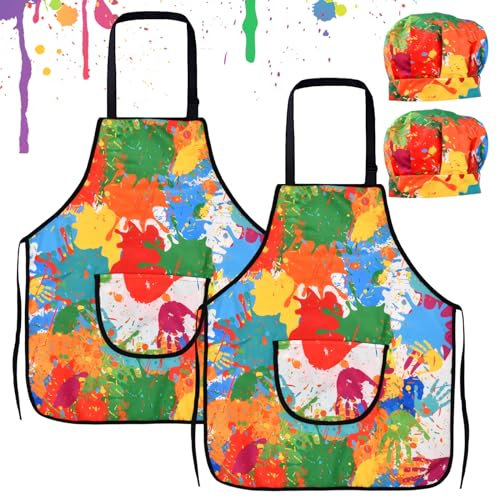 2 Juegos Ajustable Delantal con Bolsillos, Infantil Cocina Impermeable, 3-11 Años Antiincrustante con Sombrero para Niños Niñas - Hornear, Dibujo, Artesanía, Aula, Cocina