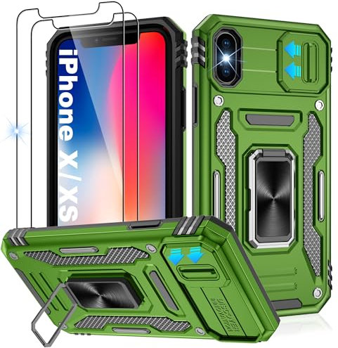 Jshru for iPhone X Case with Screen Protector [2 Pack] and Slide Camera Cover,Shockproof iPhone XS Case,Ring Kickstand Phone Cover for iPhone X/XS,Green