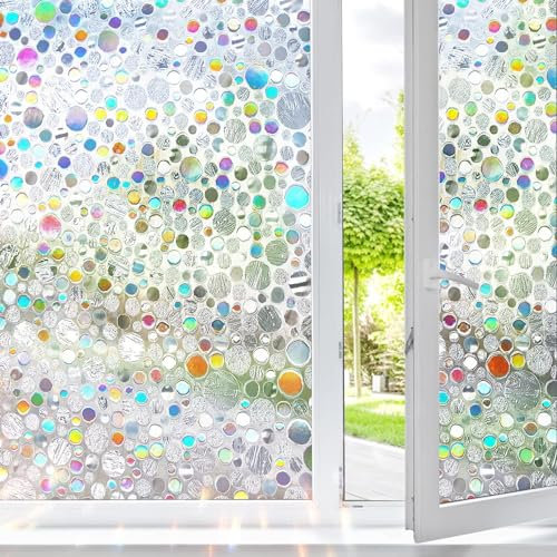 Lifetree Fensterfolie Blickdicht Regenbogen Selbstklebend 3D Kreise Muster Sonnenschutzfolie Sichtschutzfolie Fenster Folie Anti-UV für Küche Badezimmer und Büro 45x200 cm
