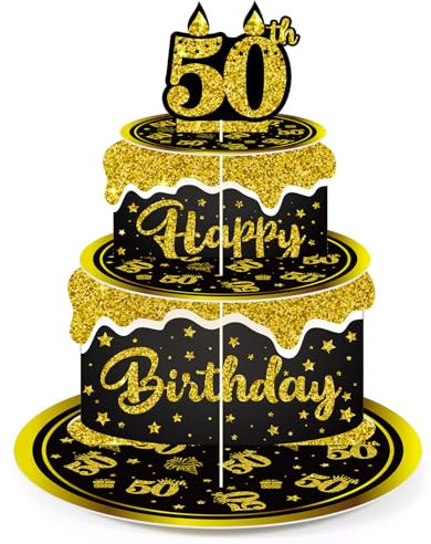 Zopeal 3 Tier Happy 50th Birthday Cupcake Stand - Glitter Black 50 Years Party Cupcake Holder - Cake Holder for 50th Birthday Party Supplies