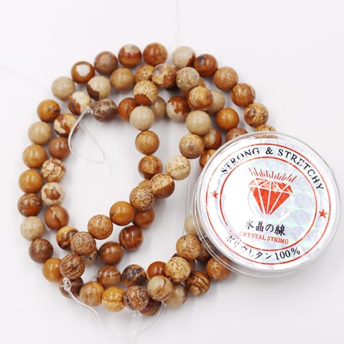 Fukugems Perlen mit Stretch-Kordel für Schmuckherstellung lose Steinperlen für DIY Energiestein Heilkraft Armband 6mm=128 Stücke und 1 Roll Cord Picture Jasper 6mm