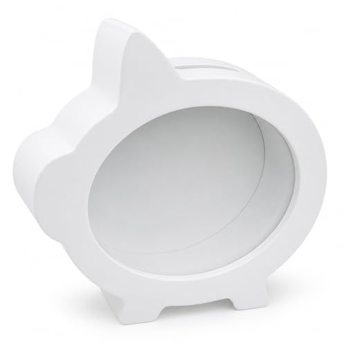 MIJOMA Weißes Holz-Sparschwein mit Glasfront – Perfekt zum Sparen und als Geldgeschenkverpackung – Spardose - 15 x 15 x 5 cm