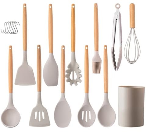 Kitchen Utensil Set 12 PCS Silicone Cooking Utensils Set with Wooden Handle, Heat Resistant, Nonstick Cookware Tongs Spatula Spoon Set Dishwasher Safe Best Kitchen Tools with Holder (Beige)