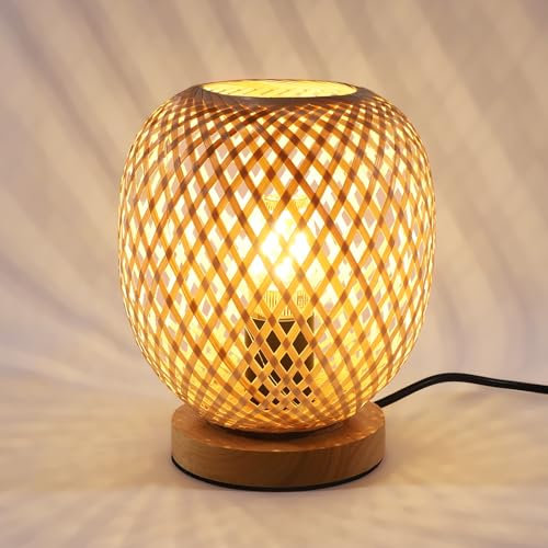 Pheashine Lampe de table Tissée en Bambou, Réglable Lampe de Table Base en Bois E27 abat - jour en Bambou Lampe de Chevet Pour Chambre,Salon, L'étude,Bureau