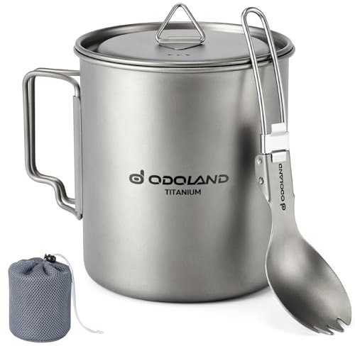 Odoland 750ML Titanium Mug, Camping Coffee Cup with Lid and Spork, Foldable Handle for Camping, Hiking, Traveling and Backpacking